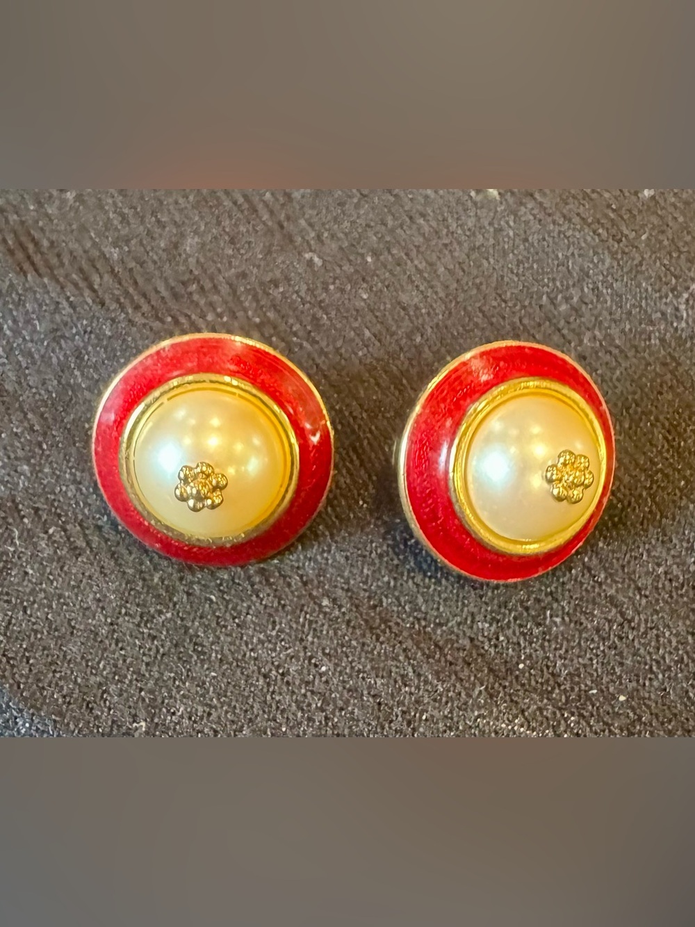 Gold-Tone Faux Pearl Button Earrings with Red Enamel Ring